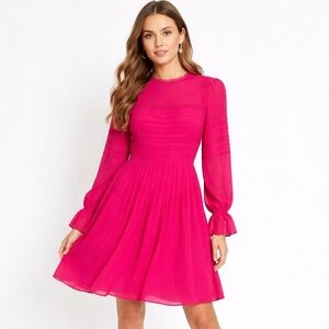 Ted Baker London Pink Chiffon Dress Lace Trim Pleated Skirt Long Sleeve Size 2